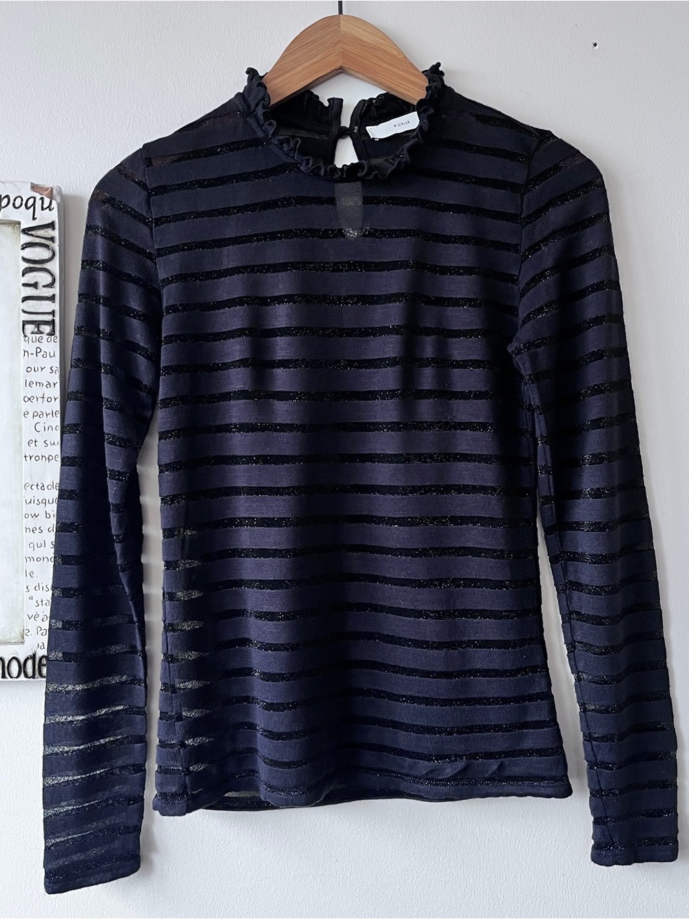 Pigalle Sheer Stripe Ruffle-Neck Long Sleeve Knit Women’s Top Size S - Picture 3 of 6